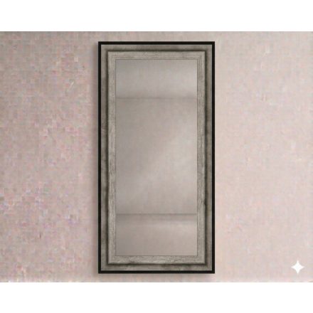 Antikolt ezüst keretes fali tükör 30x130 cm méretben hálószobai környezetben.